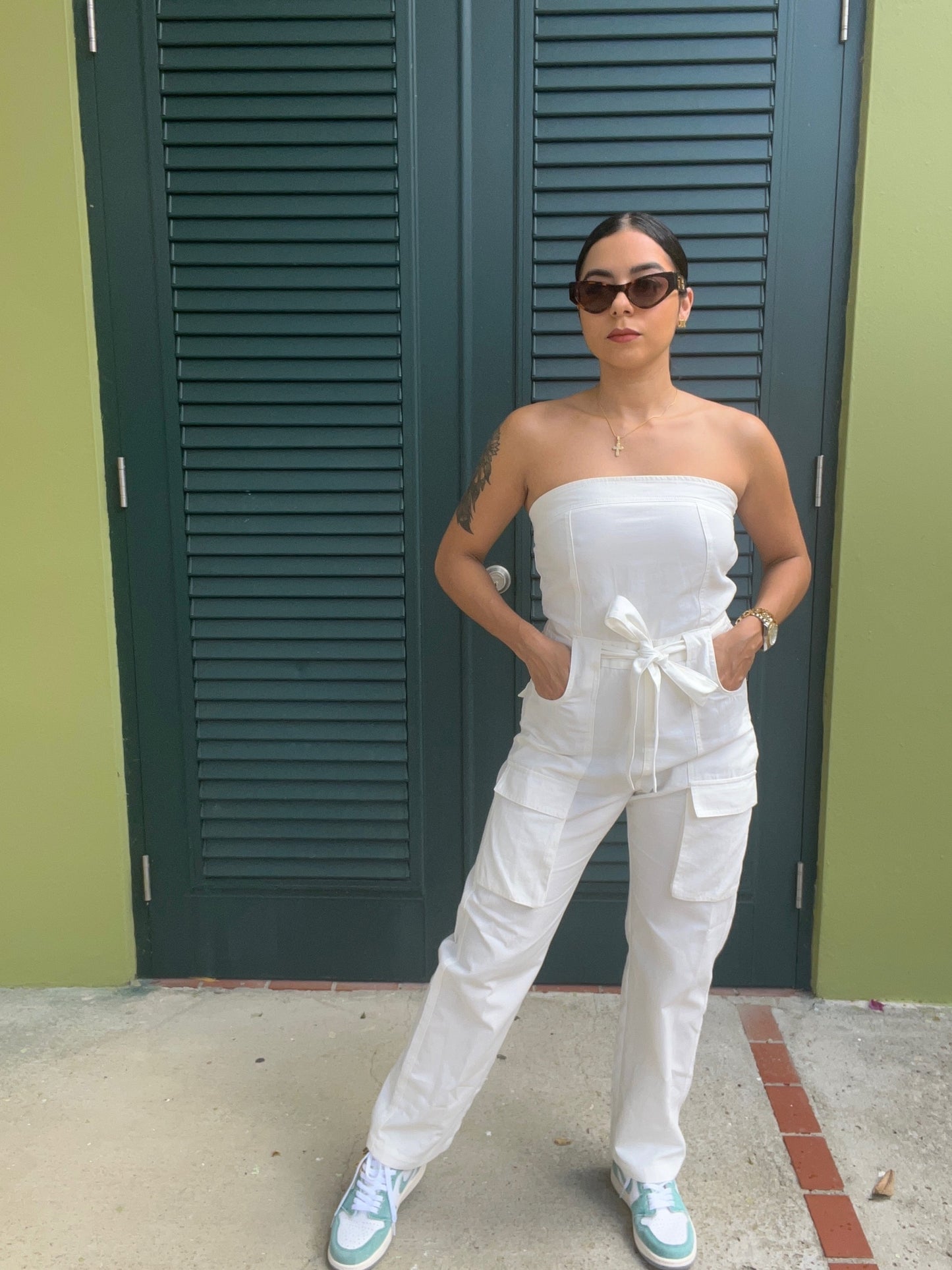 Denim white cargo jumpsuit